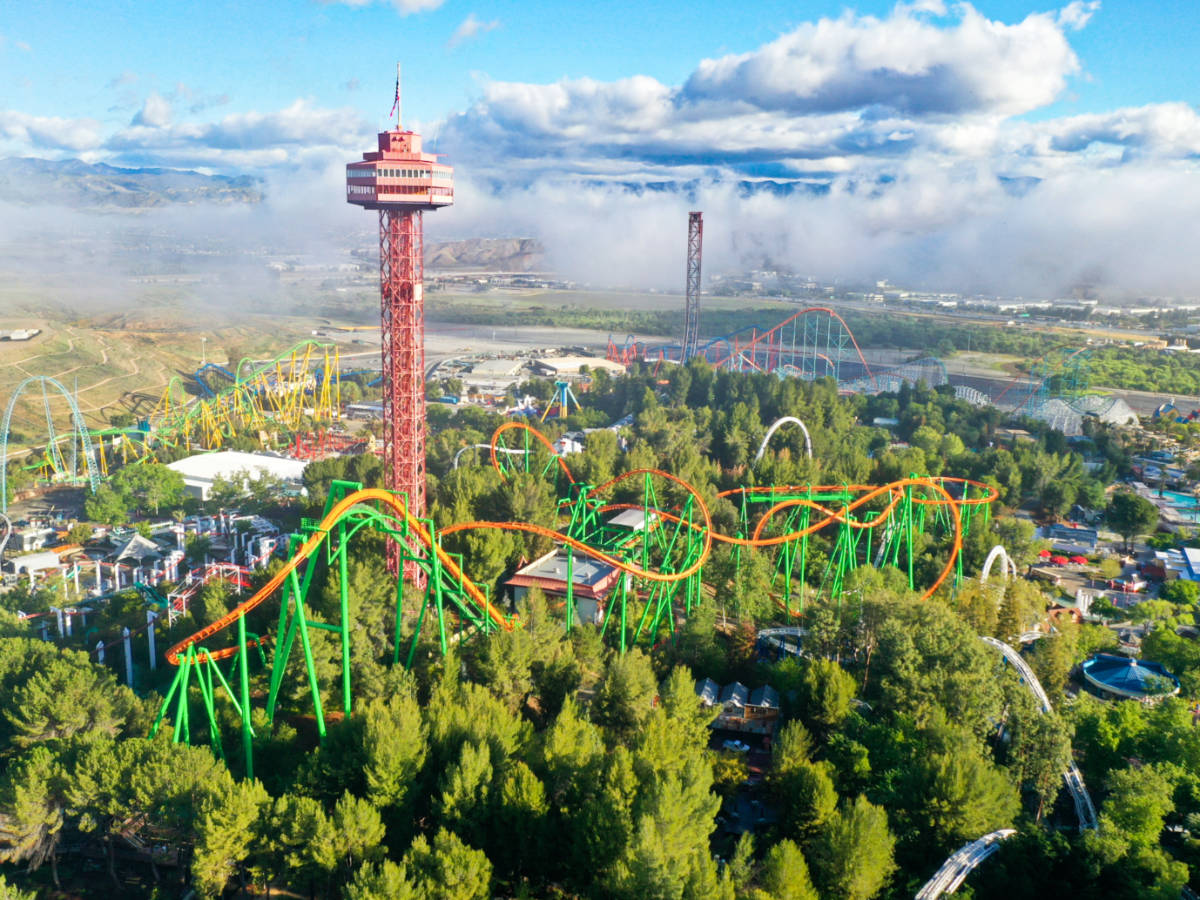 Aerial view of Six Flags Magic Mountain amusement park.