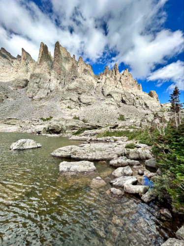 View of the stunning rock formations and the Sky Pond