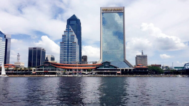 Panoramic view of the Jacksonville skyline seen from across the water