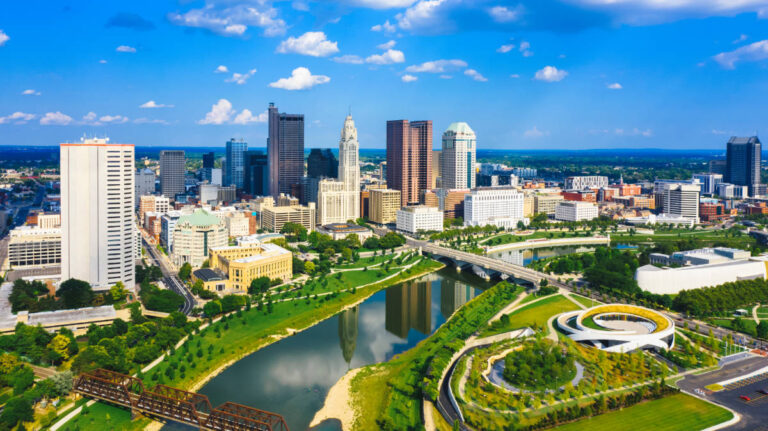 Aerial view at the Downtown Columbus on a sunny day