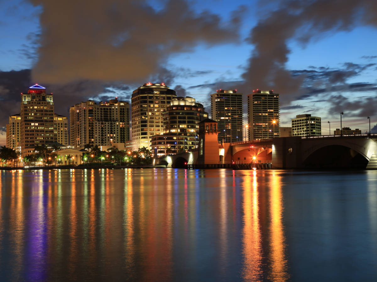 Panoramic view of the Downtown West Palm Beach skyline at night