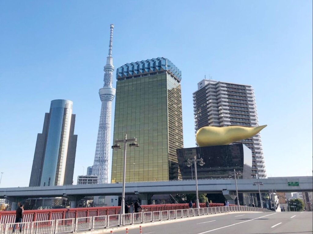 View of the Skytree, golden Asahi Beer Tower and the Asahi Super Dry Hall
