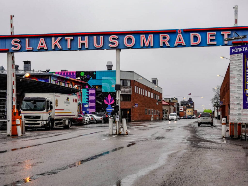 View of the signage of Slakthusområdet at an industrial area