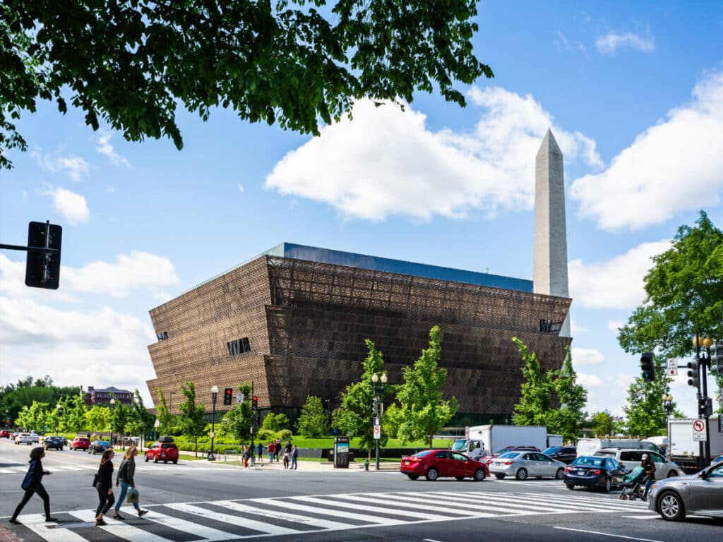 Blue sky over the Smithsonian National Museum of African American History & Culture building