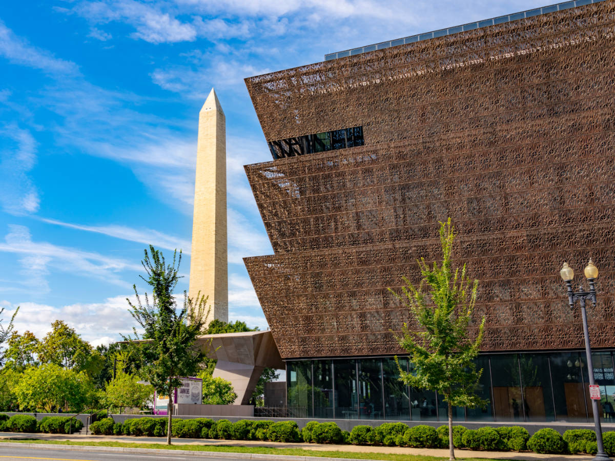 The Smithsonian National Museum of African American History and Culture building from the outside