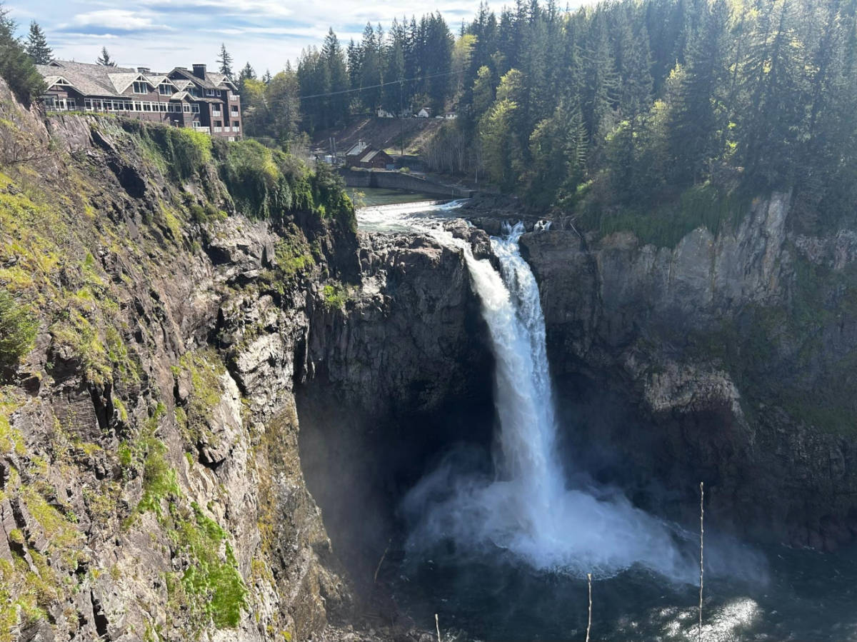 Aerial view of the Snoqualmie Falls and the Salish Lodge