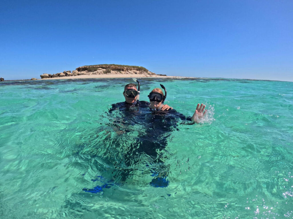 The author Lisa Ikin and her partner, snorkeling with sea lions at Jurien Bay Marine Park