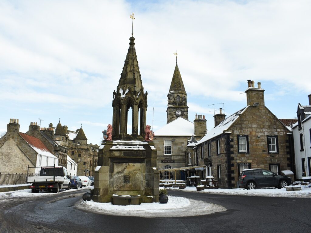 View of a street in Falkland on a snowy day