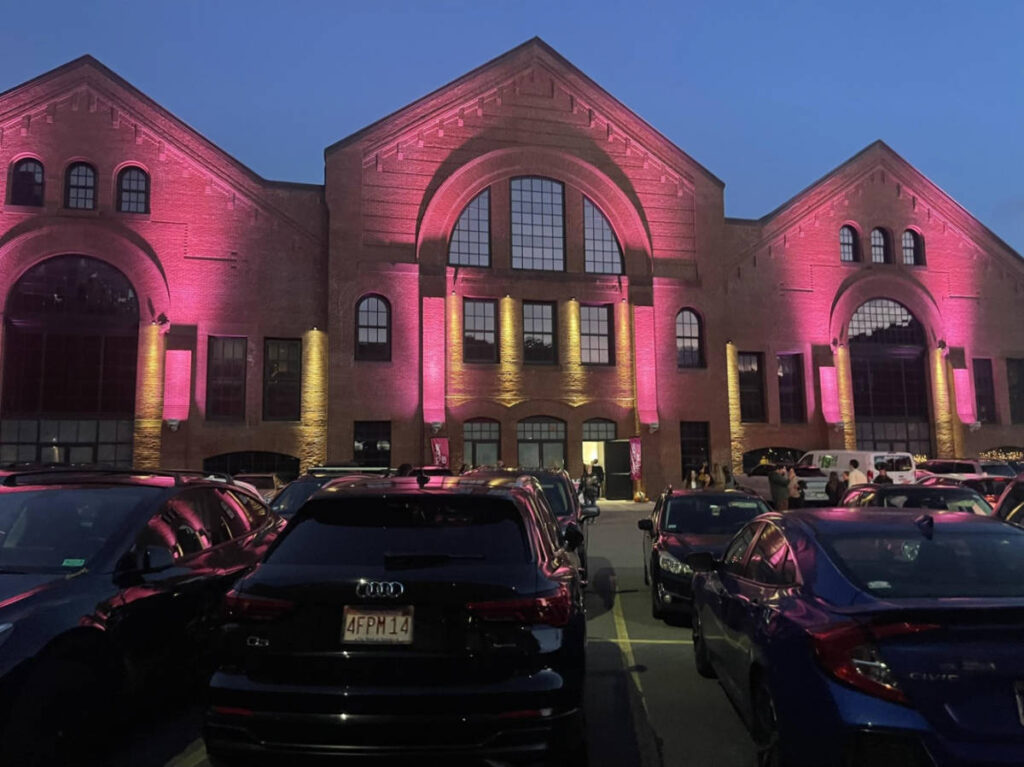 View of the lights on the exterior of SoWa Power Station at night