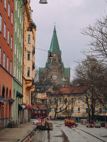 Cobblestone street looking toward the Sofia Church