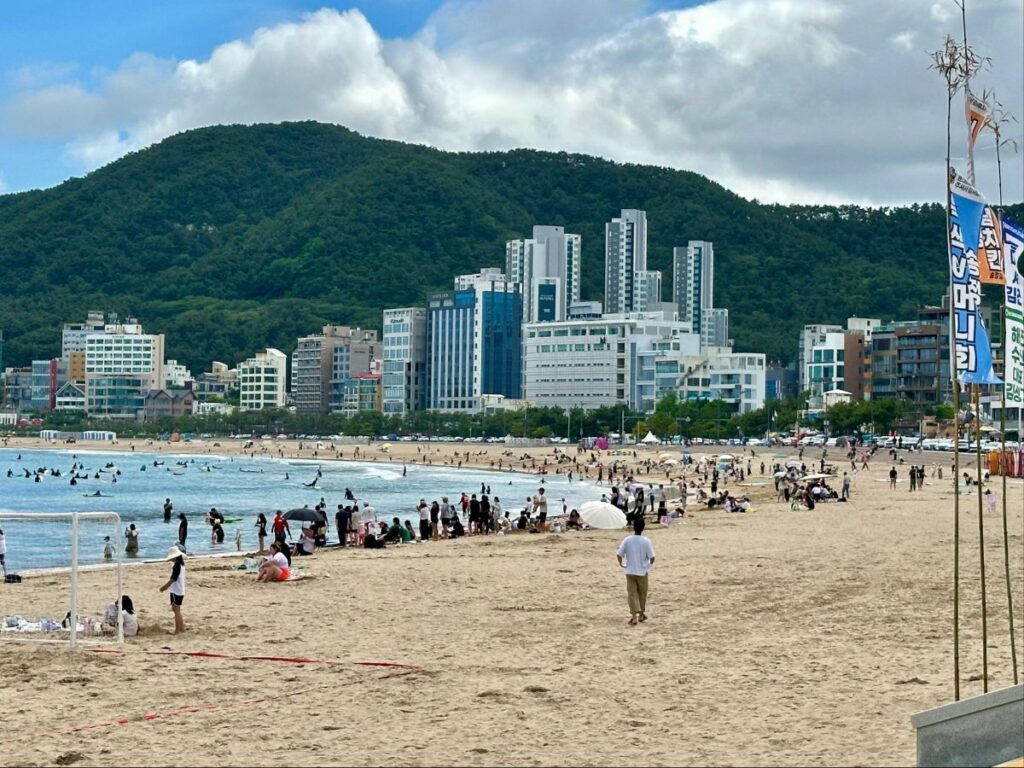 Families and surfers enjoying a day at Songjeong Beach