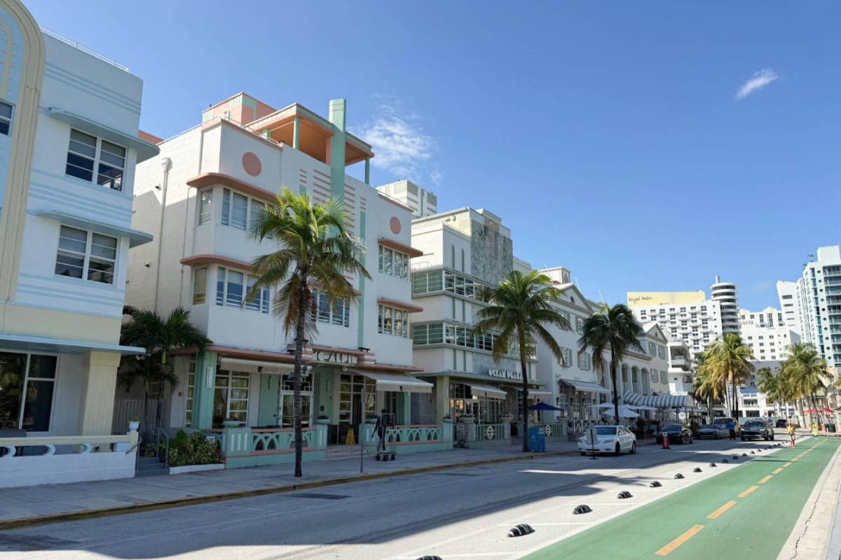 Panoramic view of the art deco buildings in Ocean Drive at the South Beach