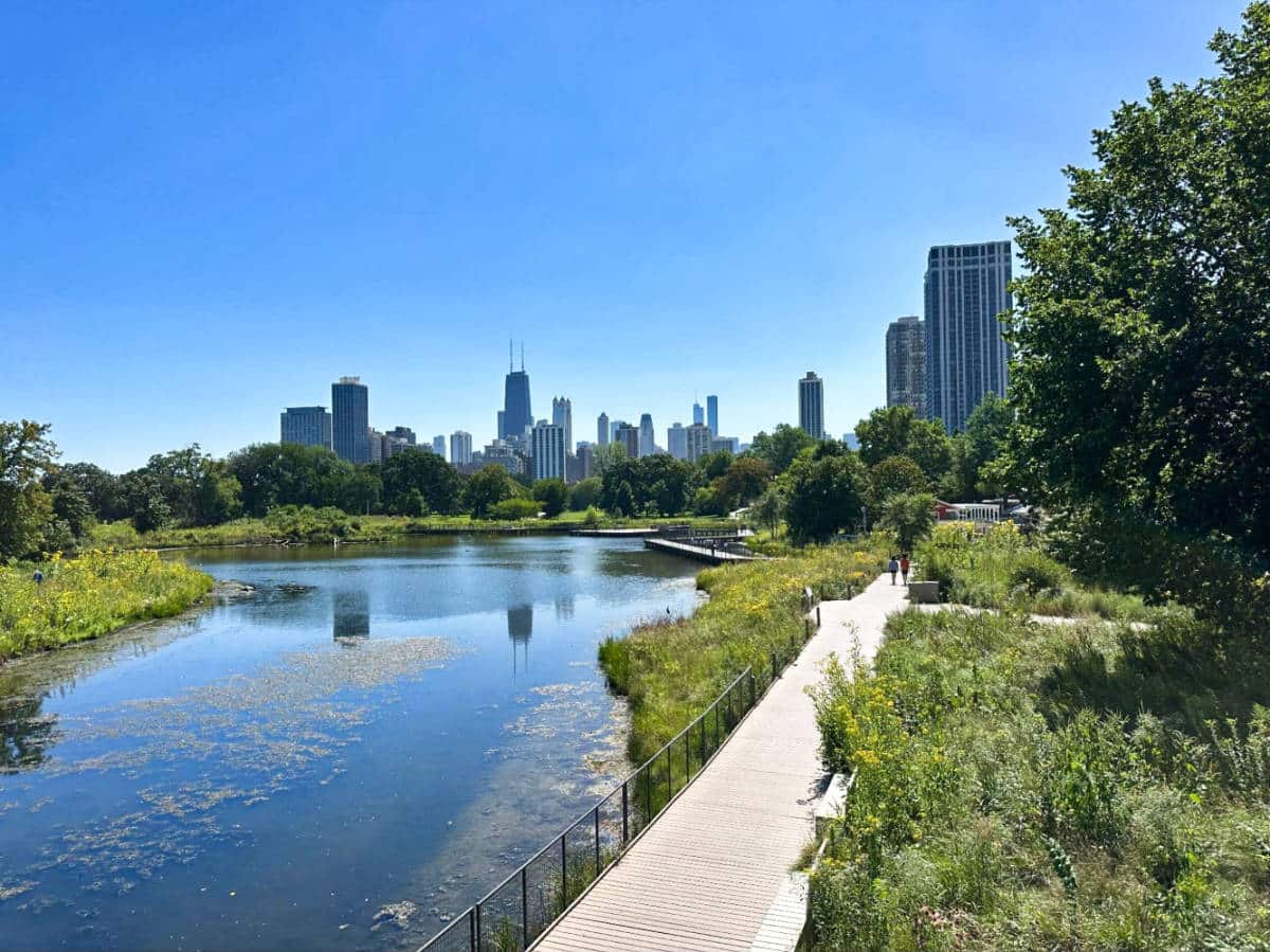 View of the footbridge over the South Pond in Lincoln Park