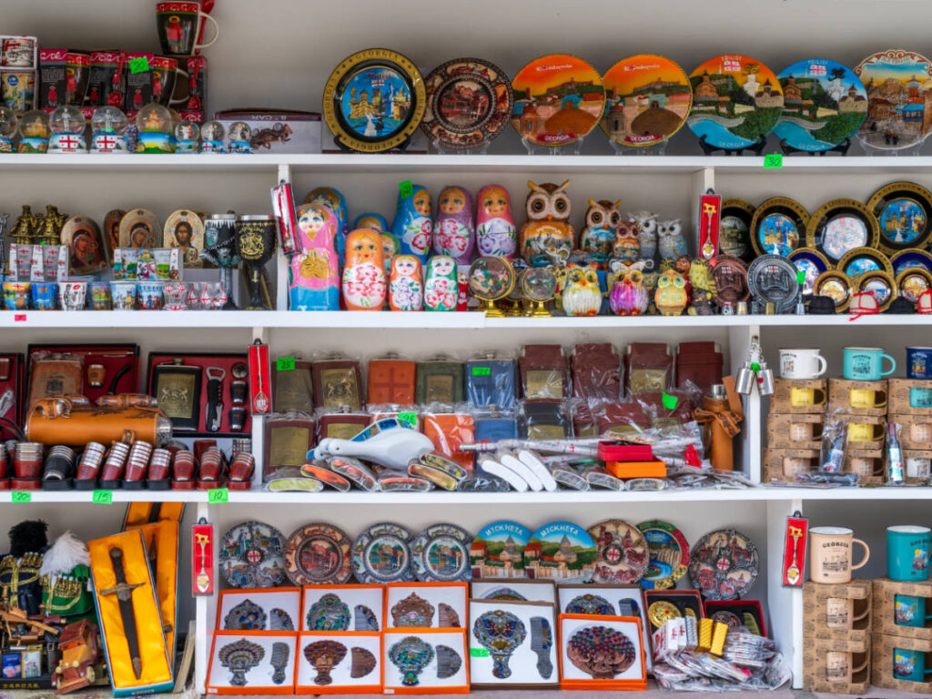 Colorful souvenirs on a shelf in a shop