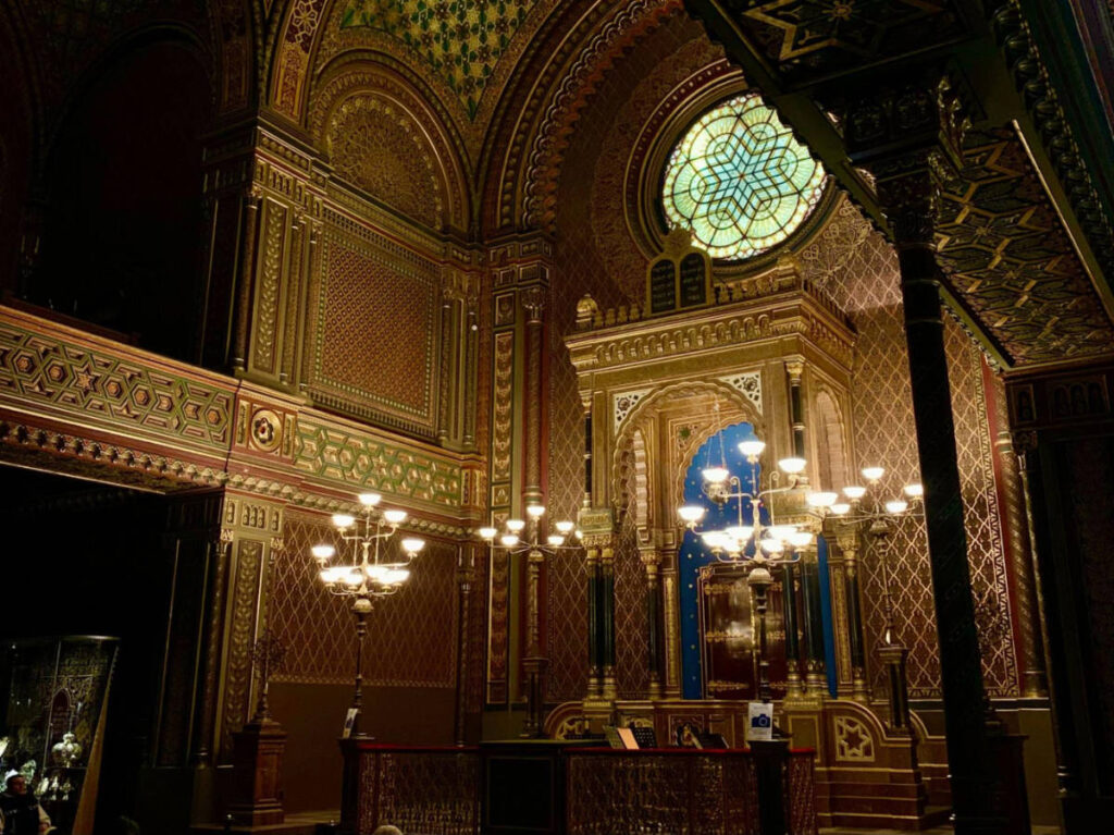 View of the intricate interior of the Spanish Synagogue