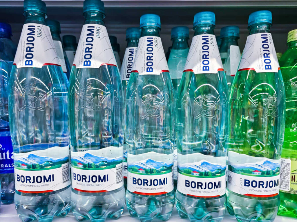 Closeup look of the sparkling mineral water bottles in Georgia