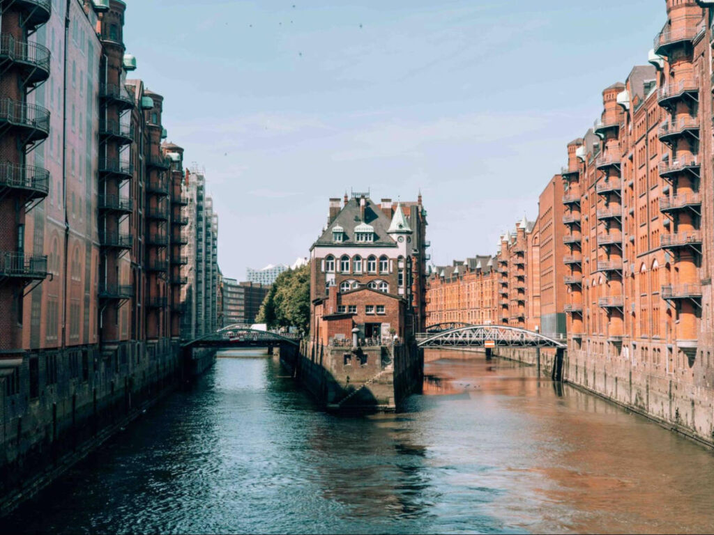 View of the architecture around the canals of Speicherstadt