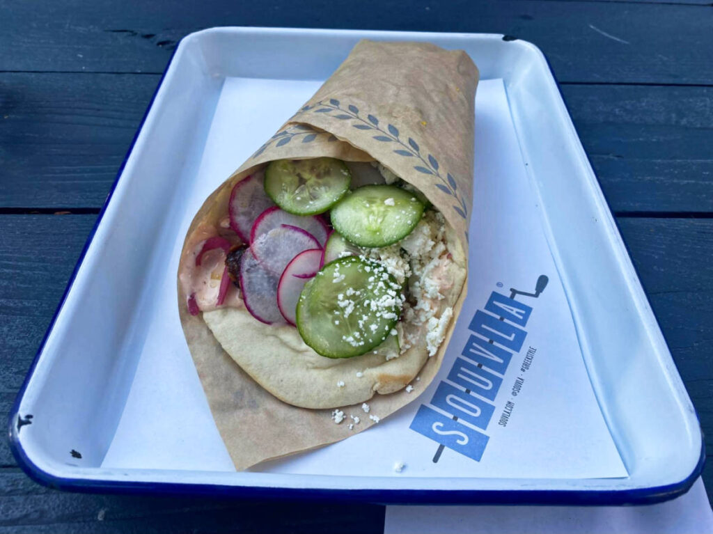 Closeup look of the spit-roasted lamb wrap from Souvla 