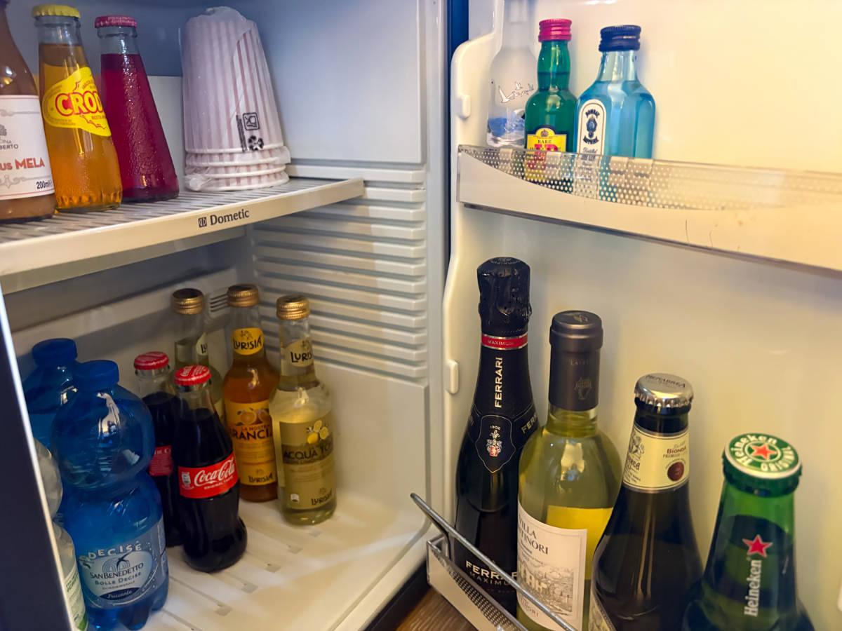 Closeup look of the drinks inside the mini fridge