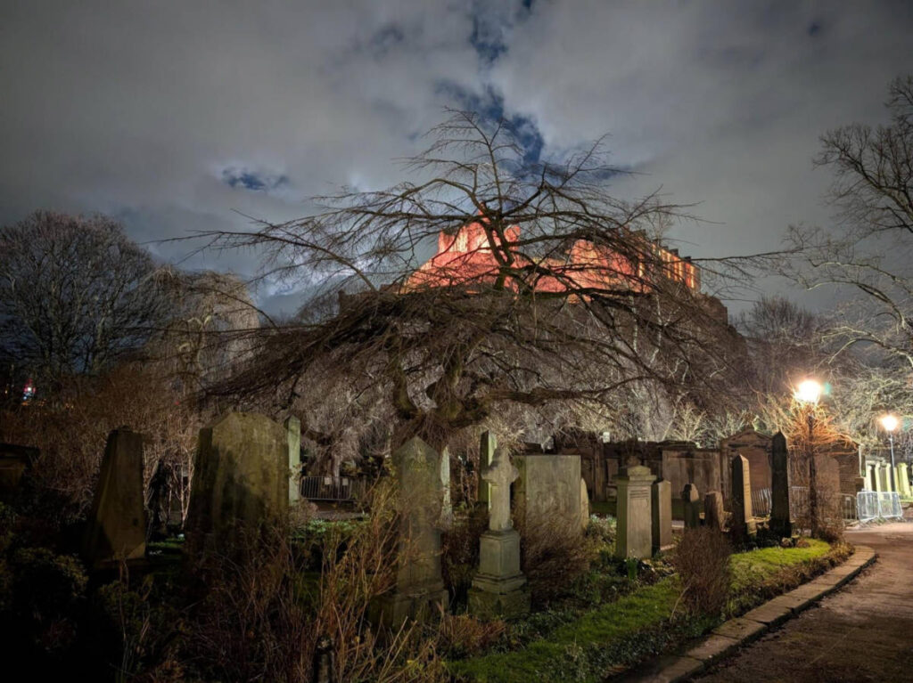 View of the St Cuthbert’s Cemetery at night