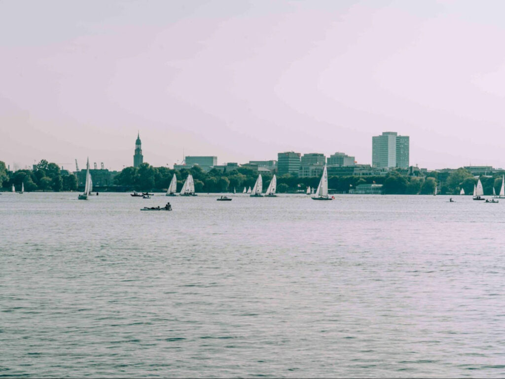View of the sailboats and the skyline at the St Georg border
