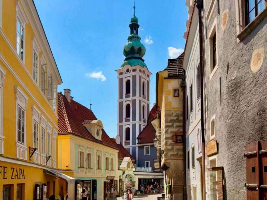 View of St. Jost Church towering above Latrán’s main street