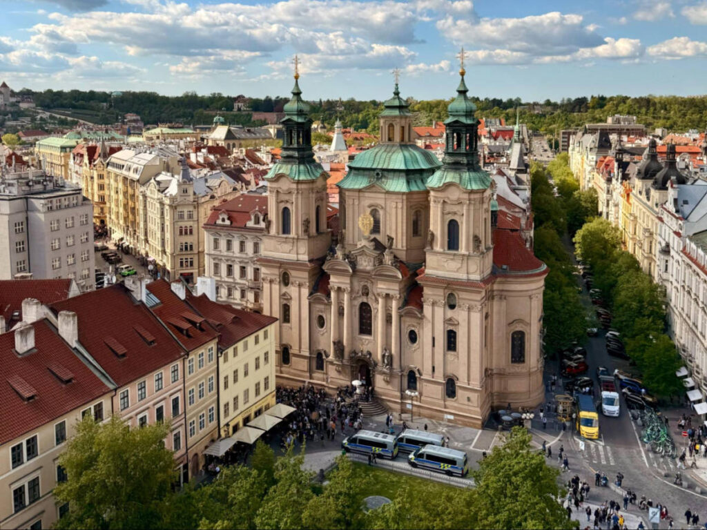 View of St. Nicholas Church in Old Town Square from the top of the Old Town Tower