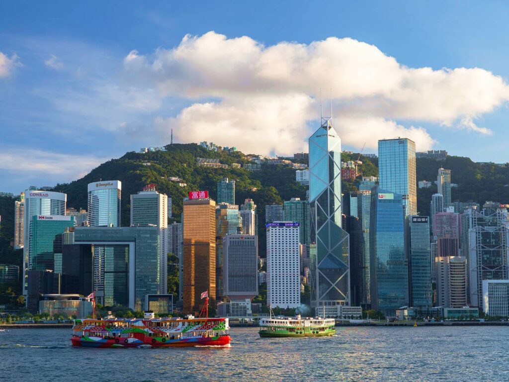 View of the Star Ferries and the Hong Kong skyline in the background
