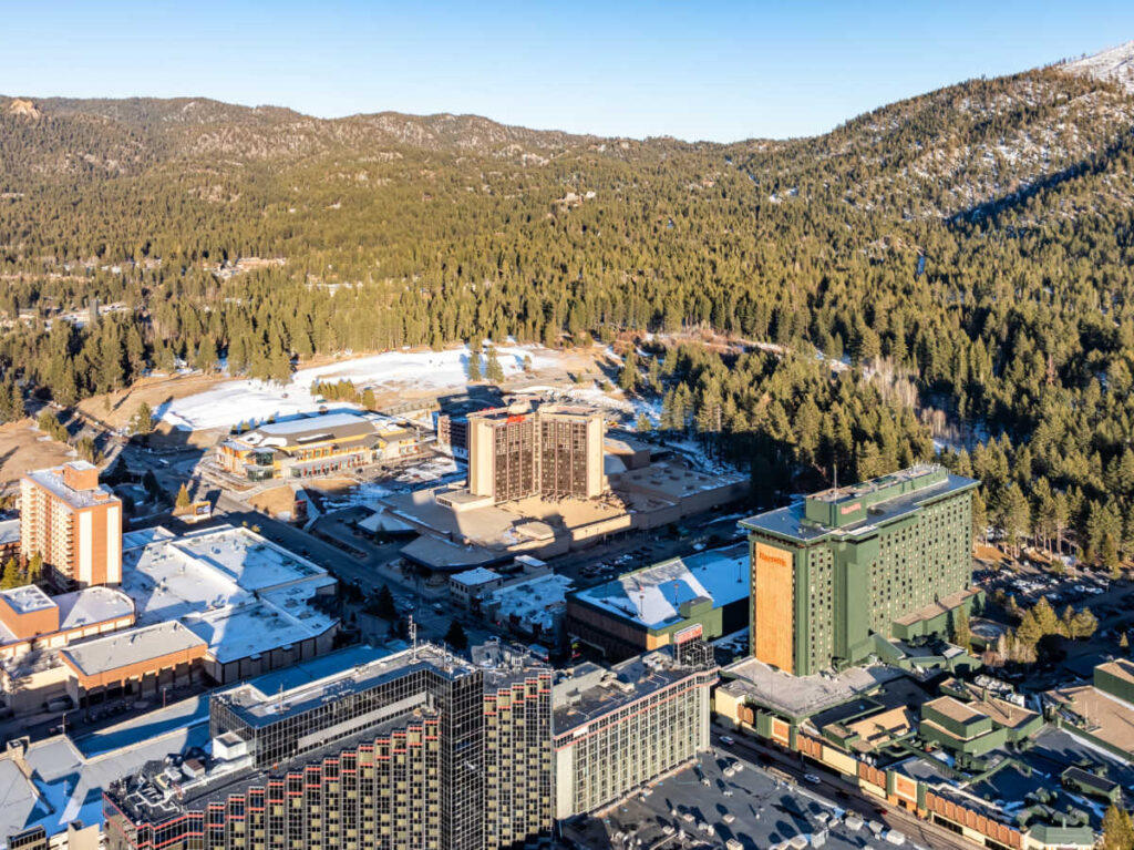 Aerial view of the resorts, casinos, and hotels in Stateline
