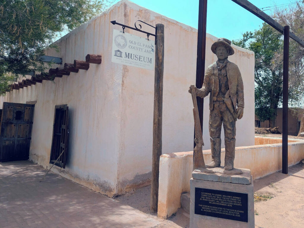 View of the statue of Billy the Kid outside the Old El Paso County Jail Museum