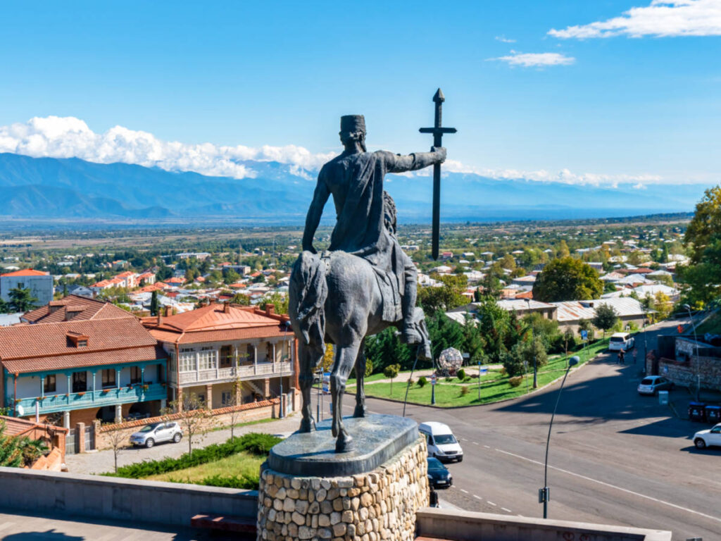 The statue of King Erekle II over Telavi in Kakheti on a sunny day