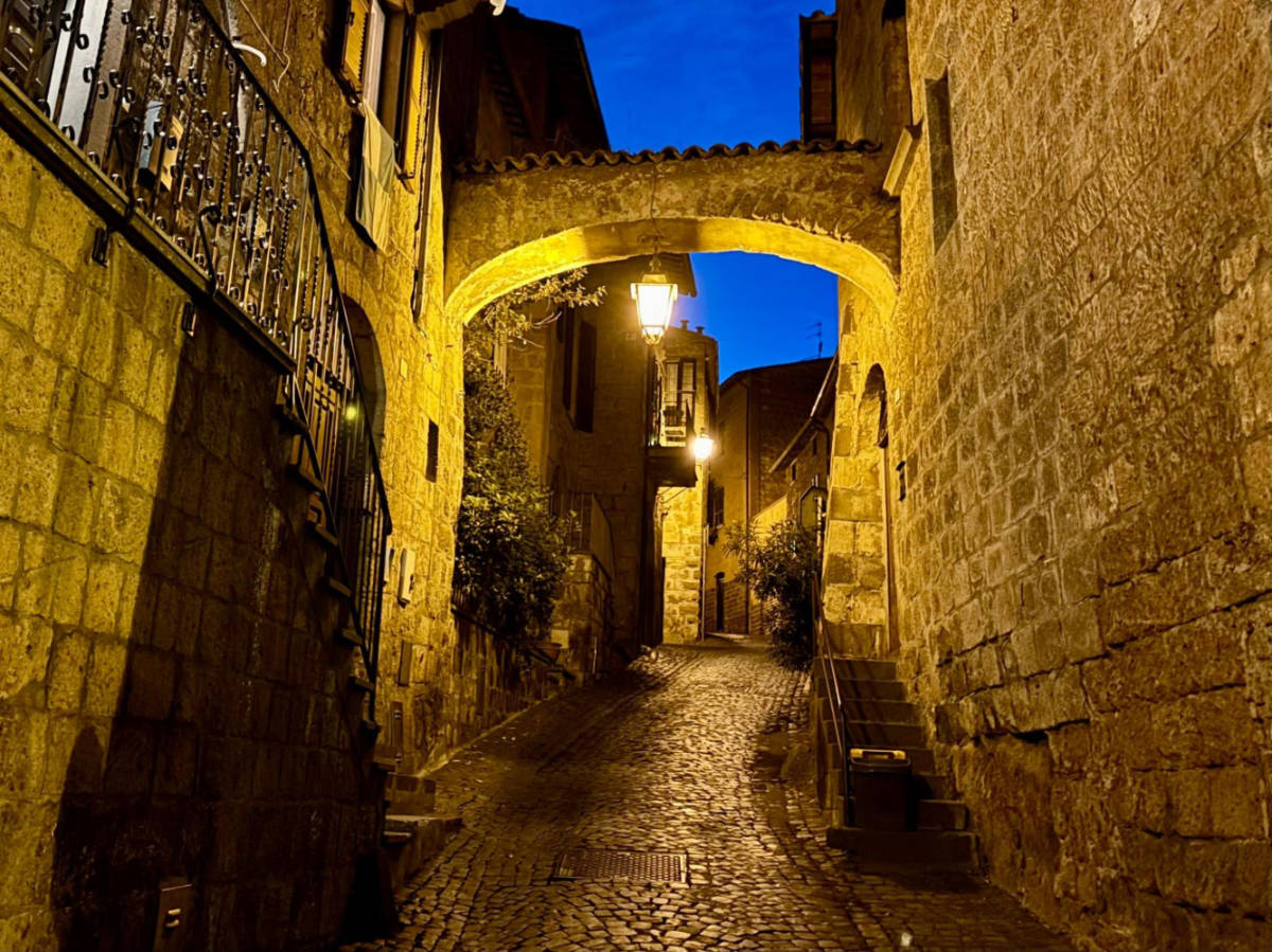 View of a steep archway in Orvieto at night