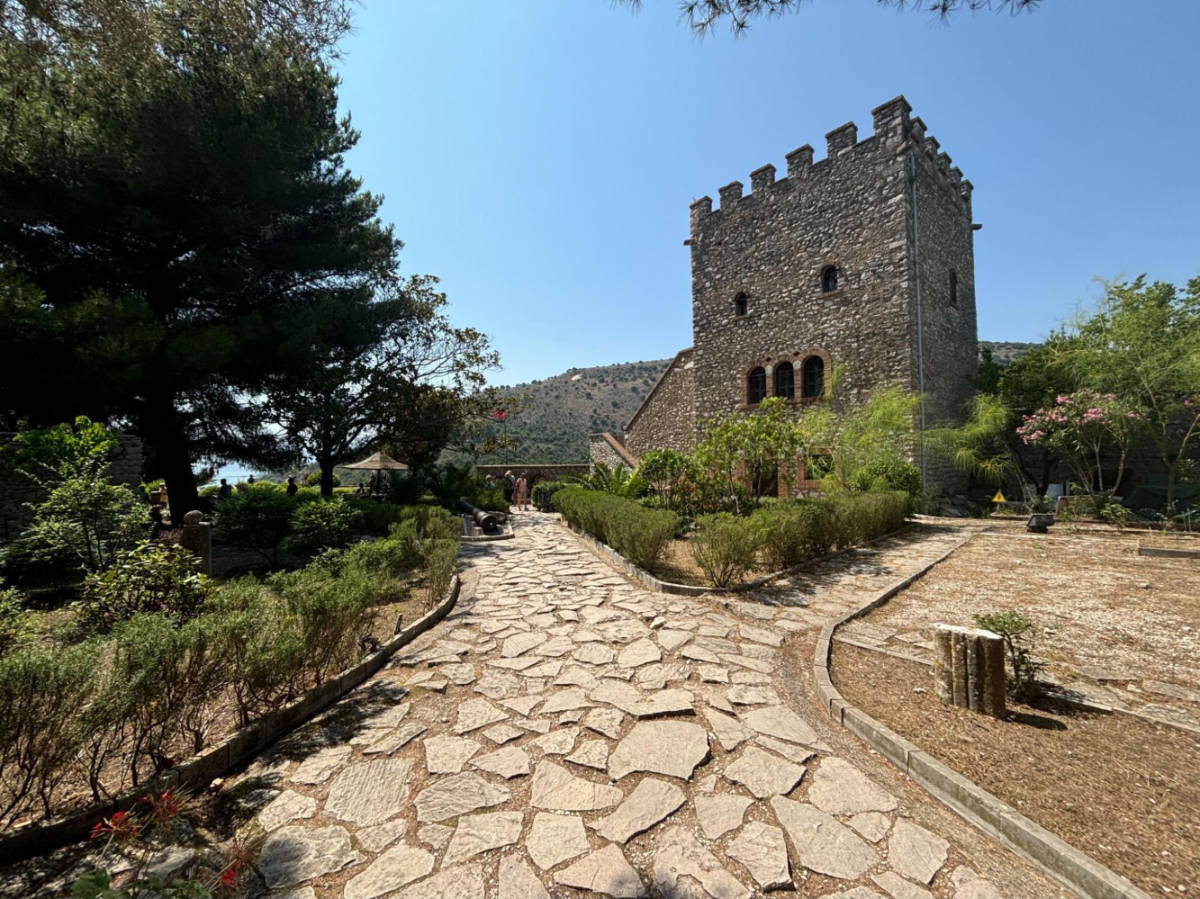 View of the stone pathway and the ruins