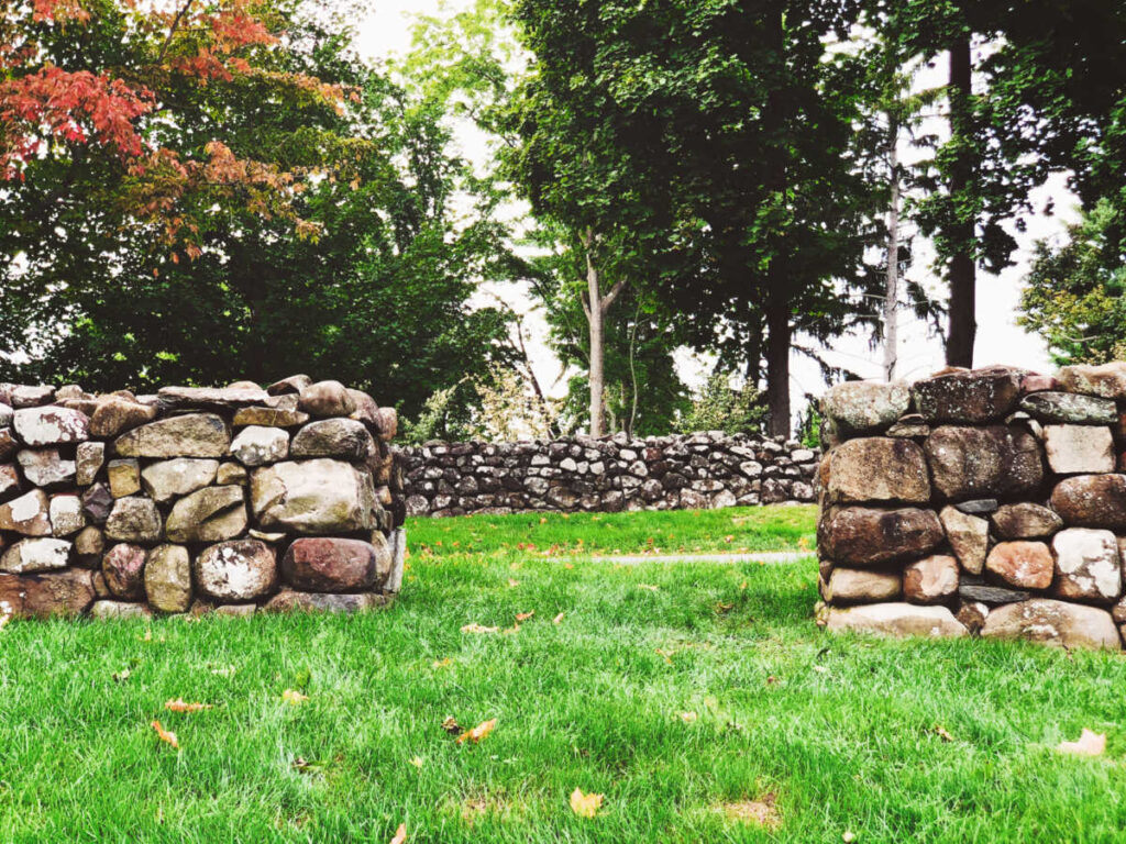 View of the stone walls in the sunken garden of the Hill-Stead Museum