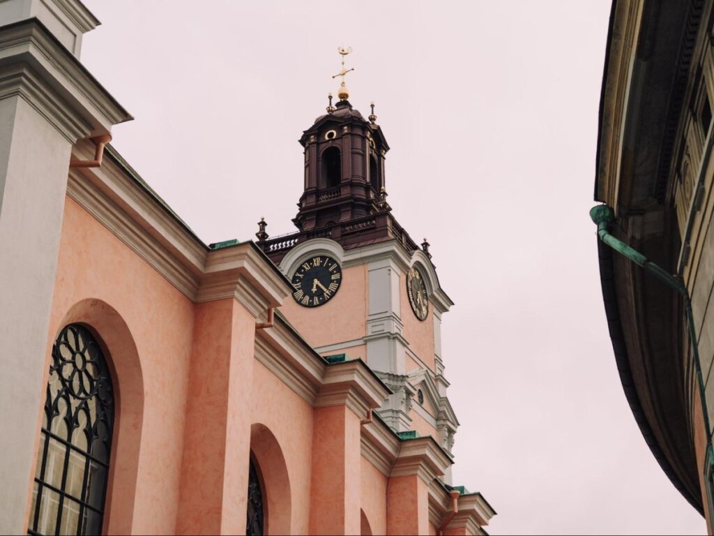 View of the Storkyrkan’s tower seen from below