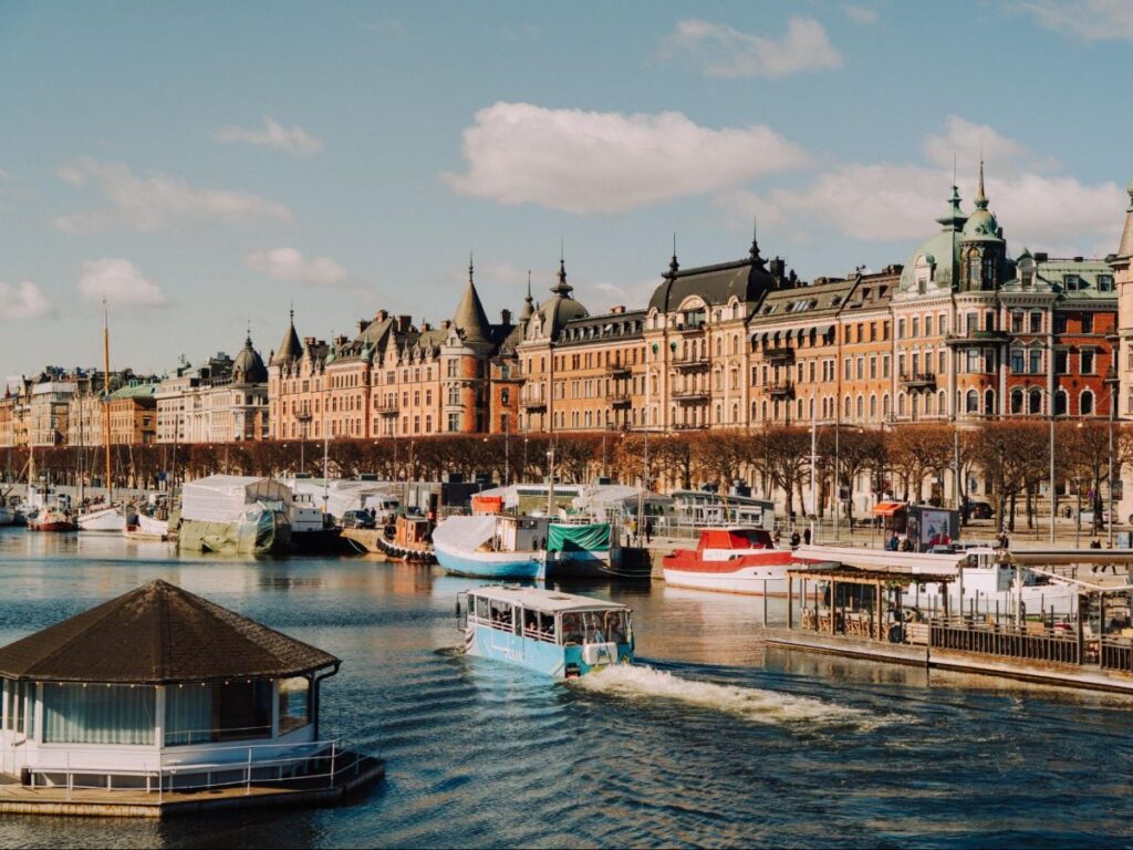 View of boats and buildings at Strandvagen boulevard