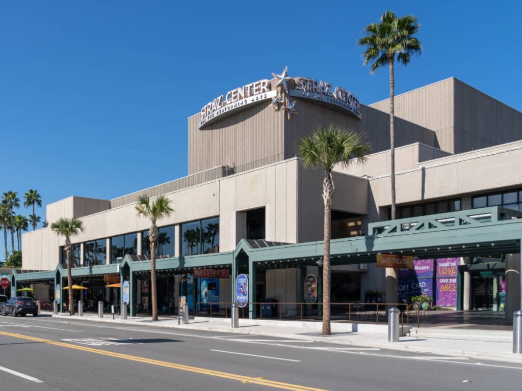 The Straz Center for the Performing Art building under the clear blue sky