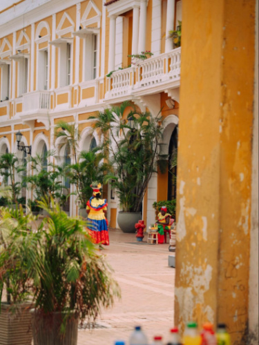 View of the women on the colorful street in Colombia