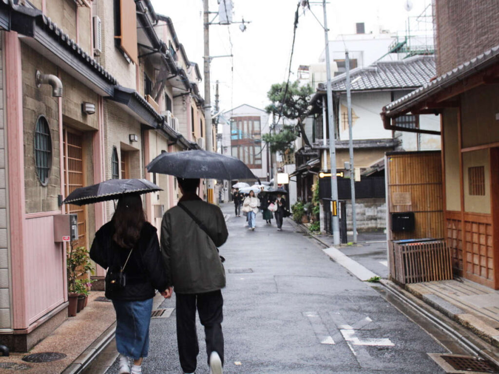 A couple holding umbrella during a rainy day in Kyoto