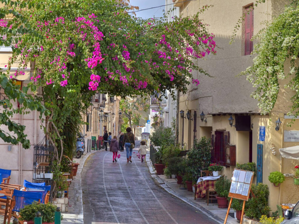 View of colorful flowers blooming at the street of Monastiraki and Psyrri