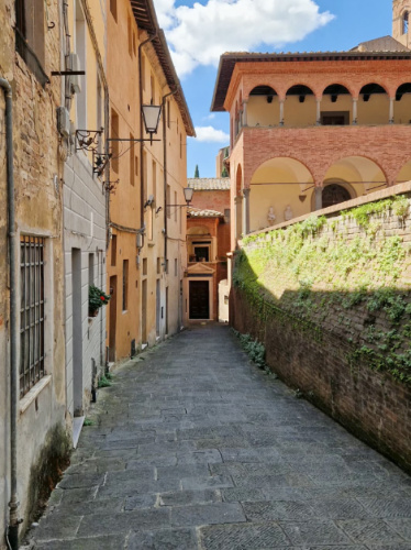 View of the cobblestone streets of Siena