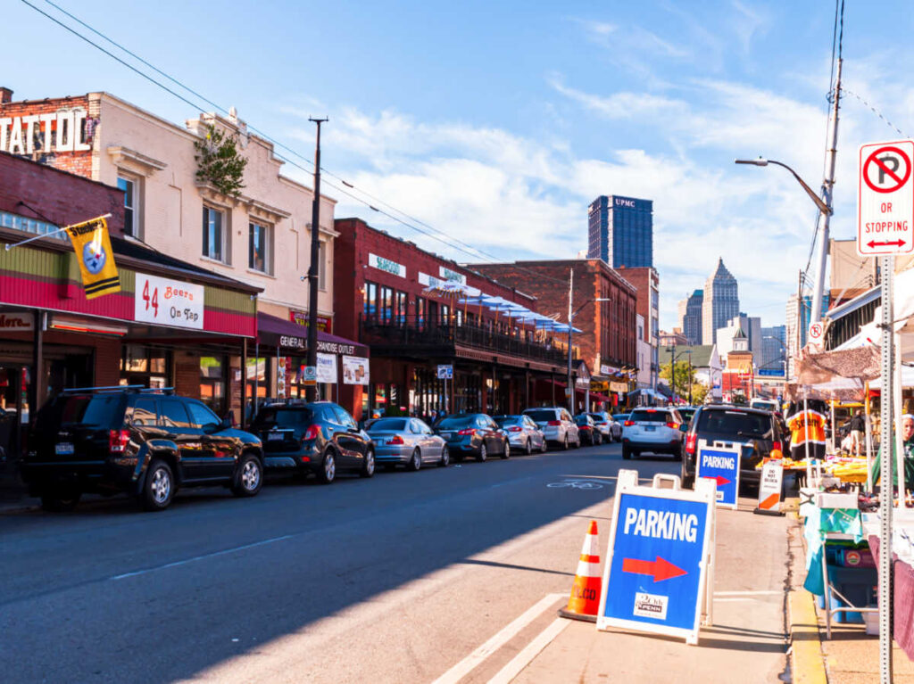 View of the shops along the Strip District
