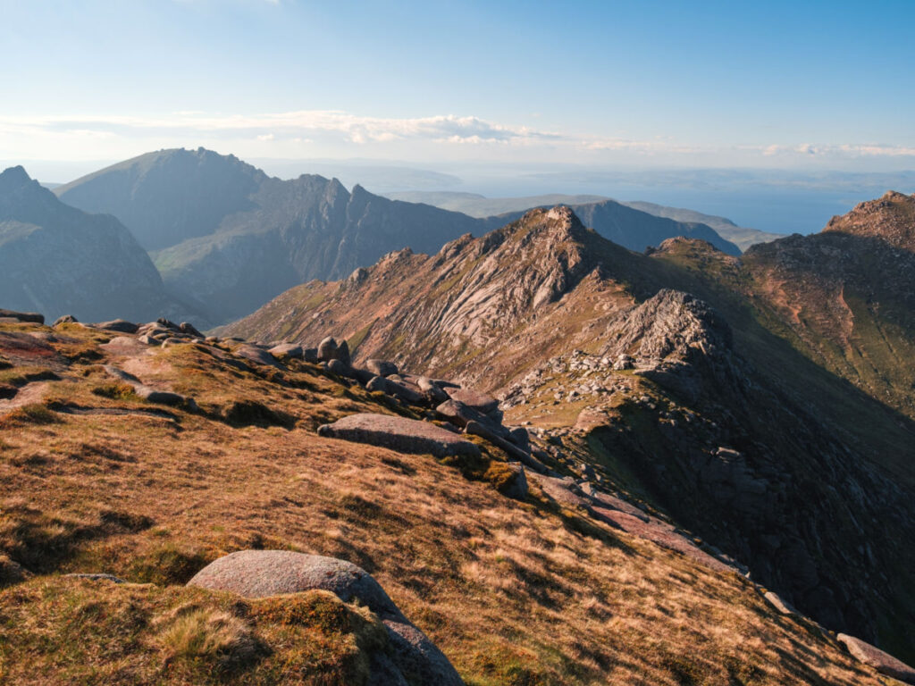 Mountainous landscape view from the summit of Goatfell