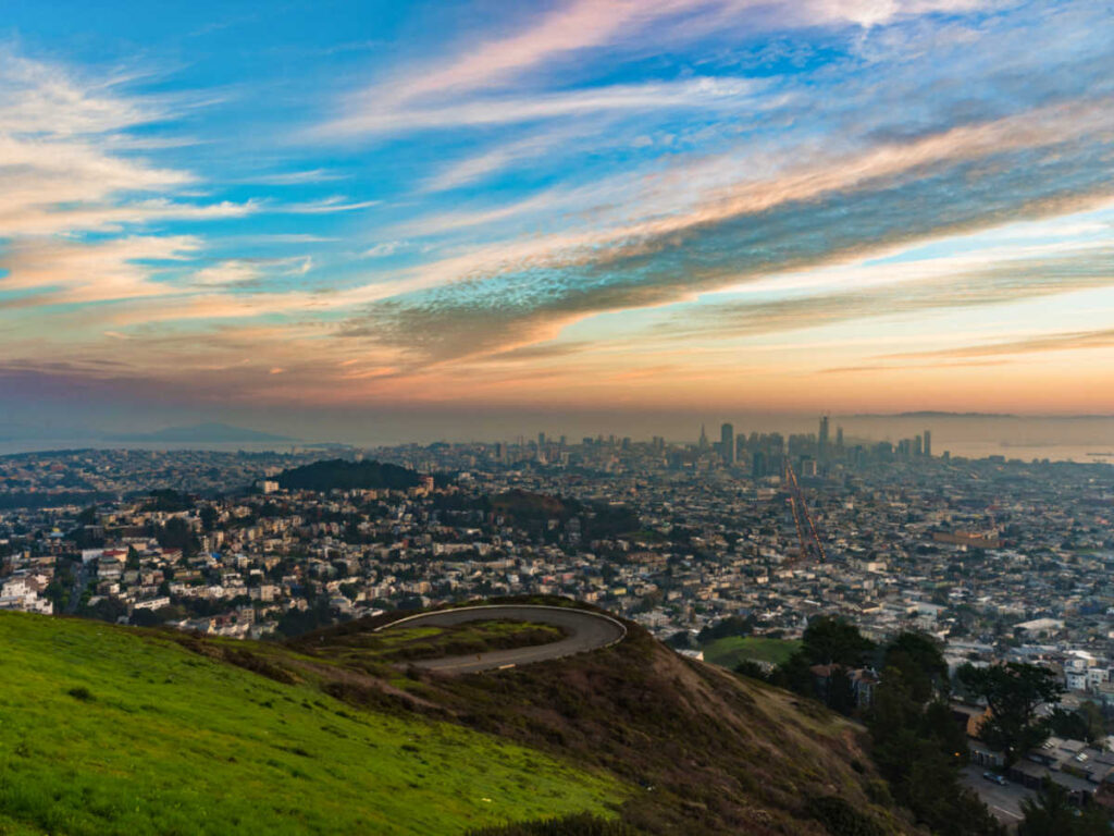 Overlooking view of San Francisco from Bernal Heights Park at sunrise