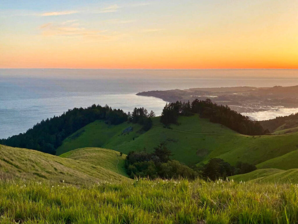 Scenic view of the sunset over the meadow at the Coastal Trail near Pantoll Campground