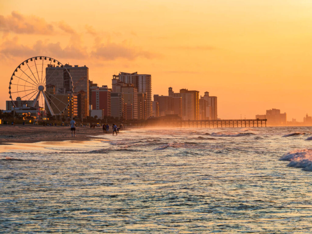 Scenic view of the sunset over the skyline and shore at Myrtle Beach