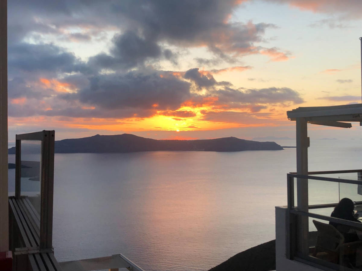 Panoramic view of Fira at sunset