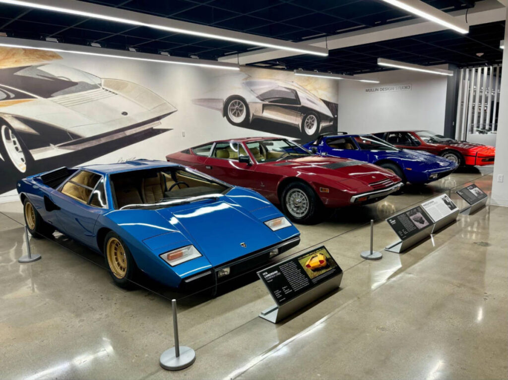 View of the supercars on display at the Peterson Automotive Museum