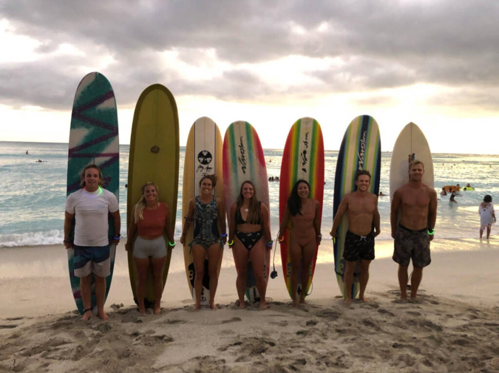 View of the surfers lined with their surfboards at the beach