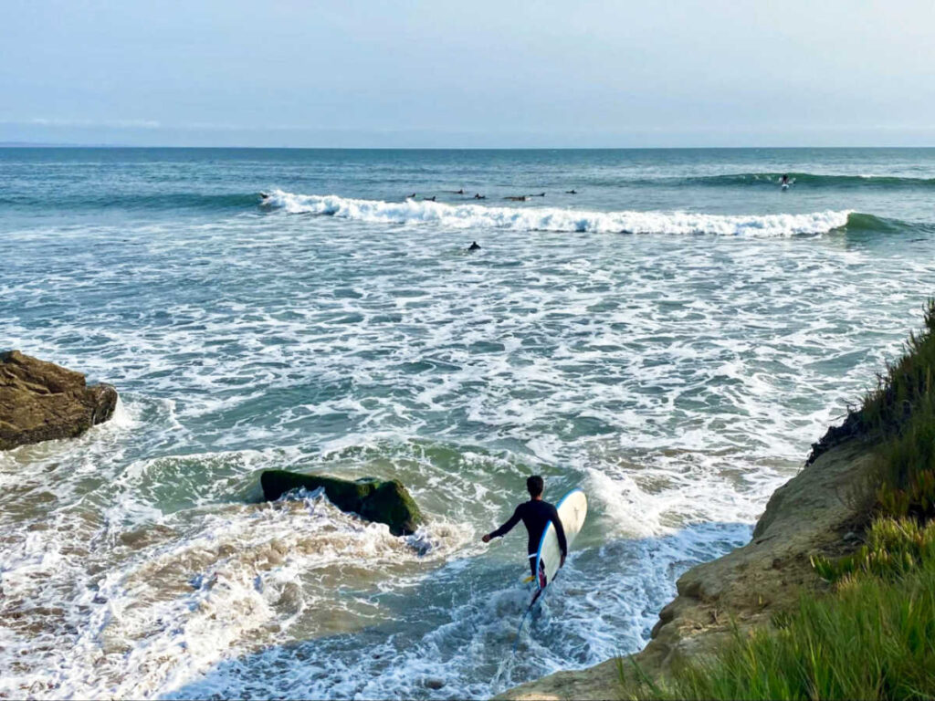 A surfer preparing to surf at the at 38th Avenue in Pleasure Point